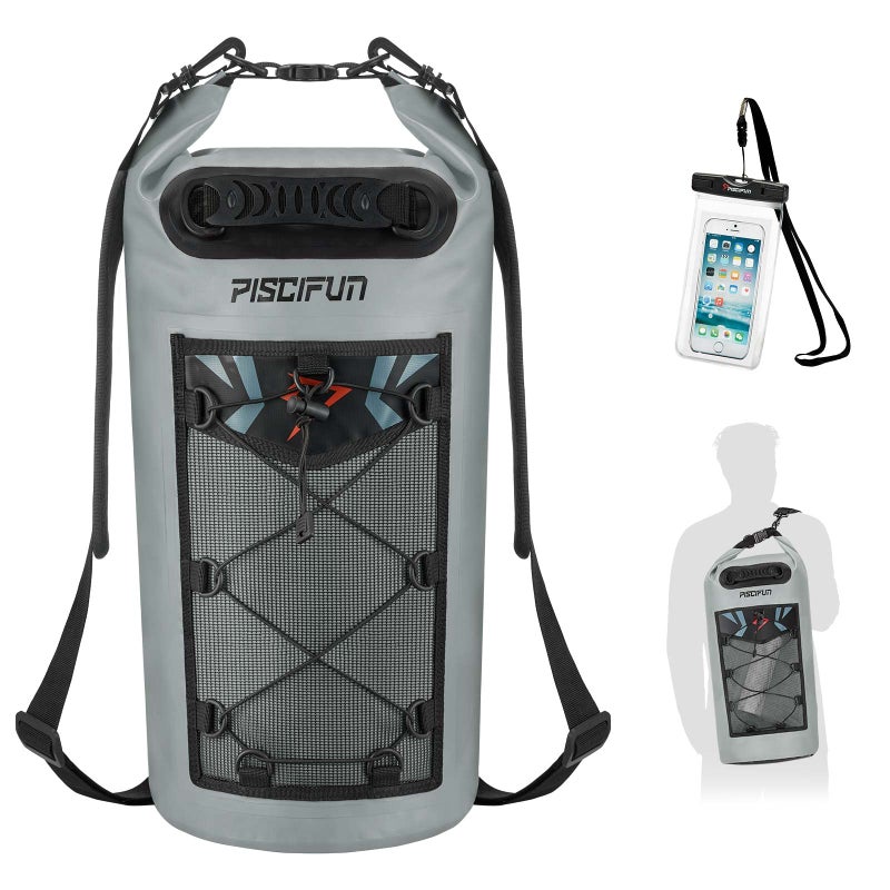 Piscifun Dry Bag, Waterproof Floating Backpack 40L with Waterproof Phone Case for Boating, Kayaking, Fishing, Grey 40L - Image 1